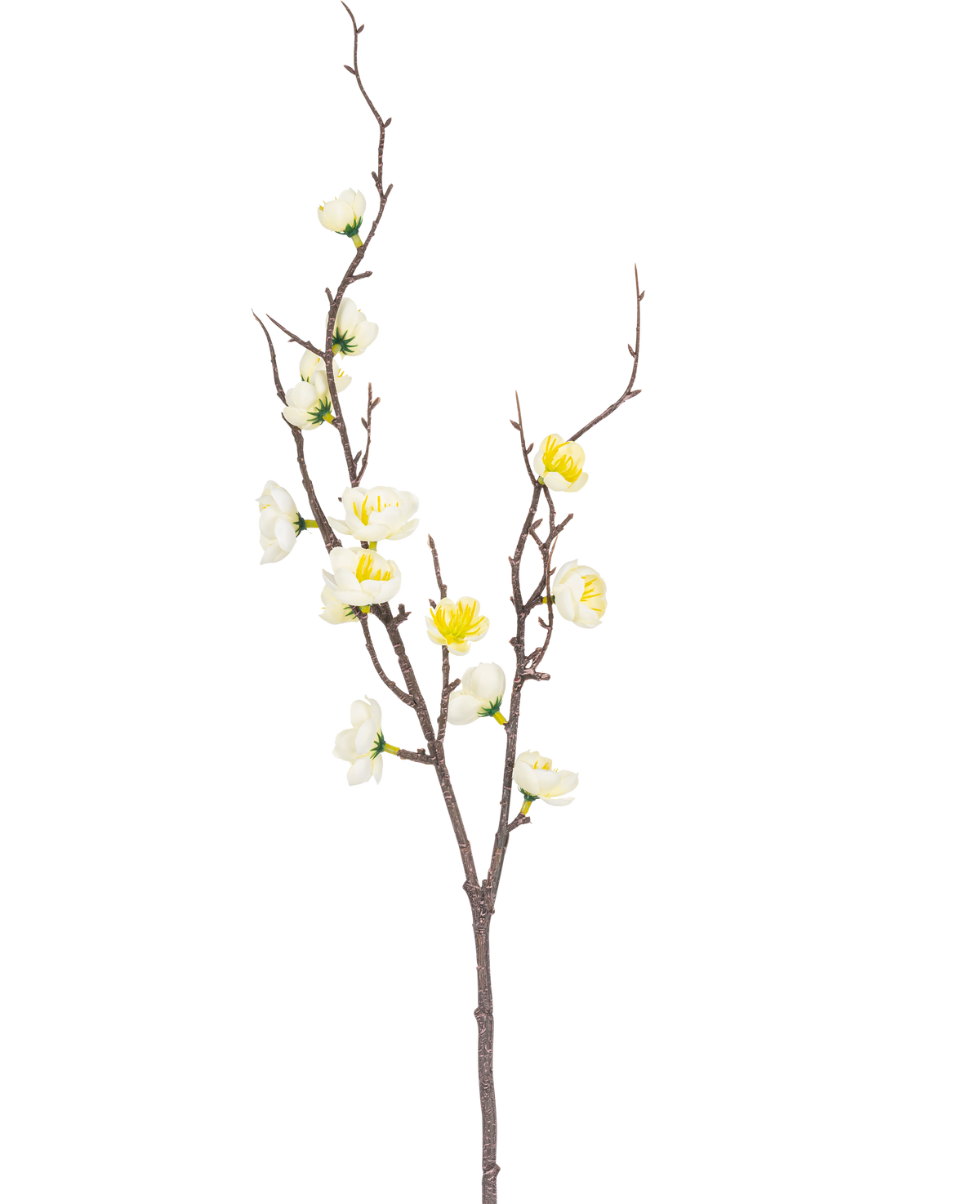 Den konstgjorda grenen Prunus 78 cm vit har en enda brun gren med flera utlöpare, dekorerad med små vita och gula blommor, mot en vanlig vit bakgrund.