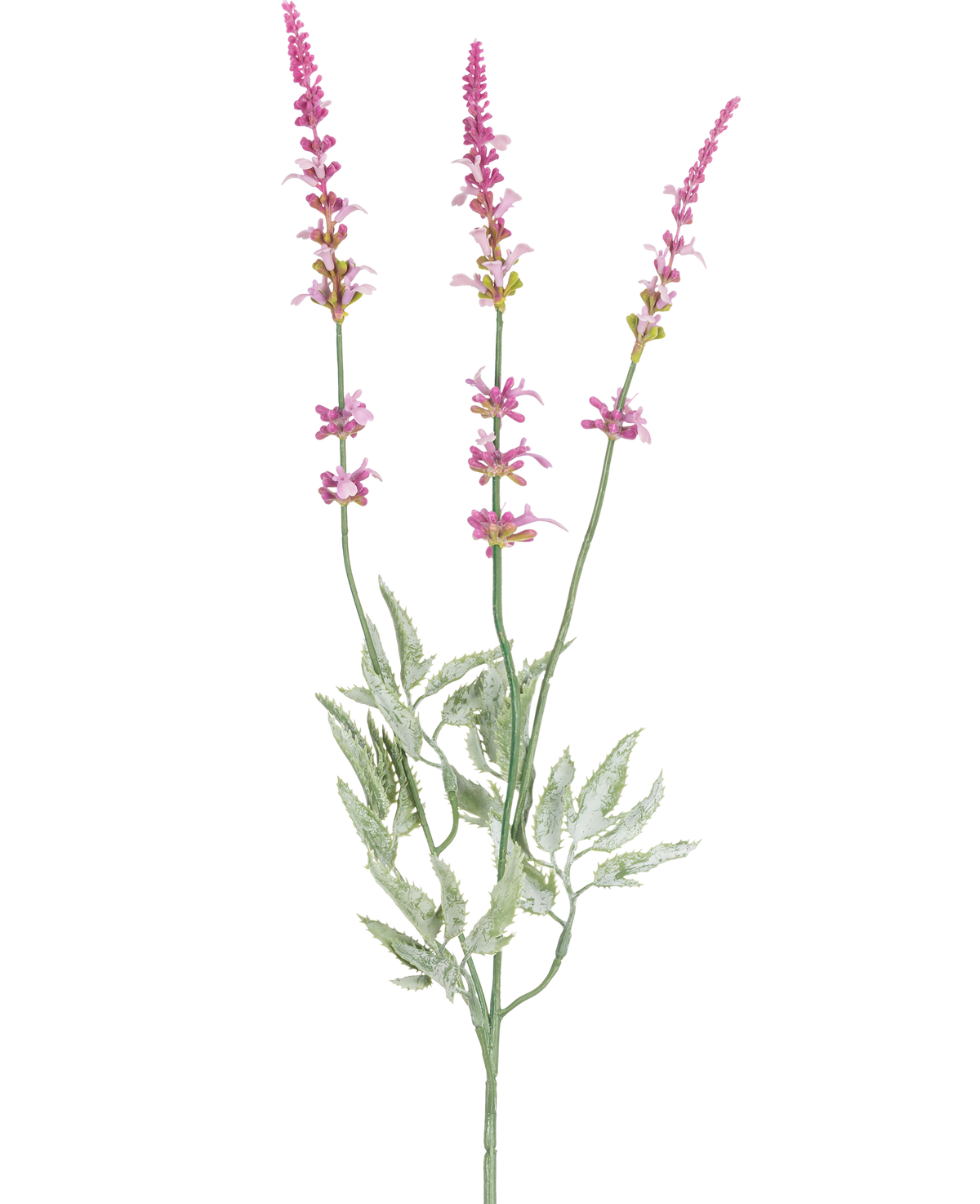 Den konstgjorda grenen lavendel 66 cm lila har en enda stjälk med tre höga, smala spikar av små lila blommor och flera gröna, tandade blad mot en vit bakgrund.