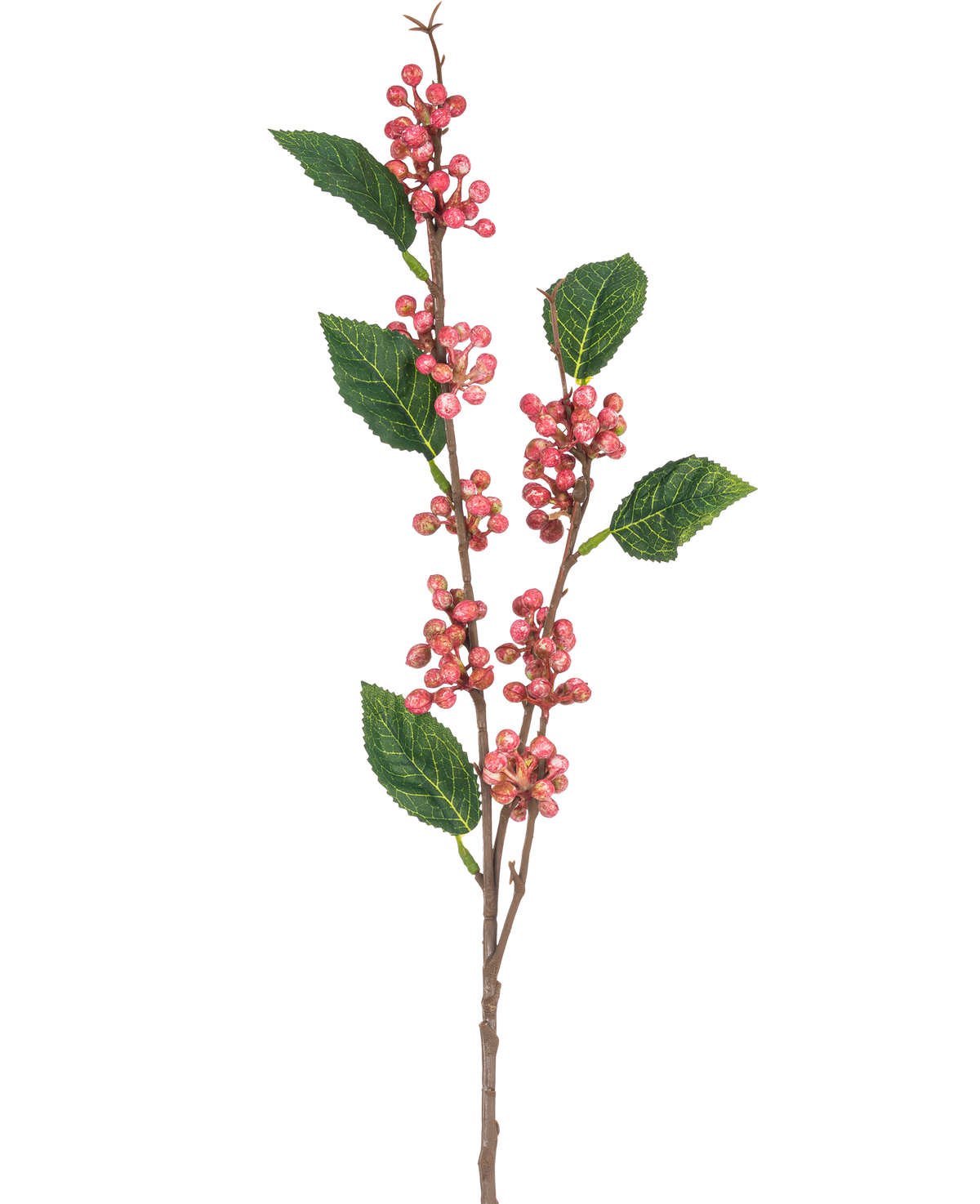 Artificiella grenbär 64 cm rosa har flera klasar av små, runda rosa bär med gröna tandade blad på tunna bruna stjälkar, alla isolerade mot en vit bakgrund.