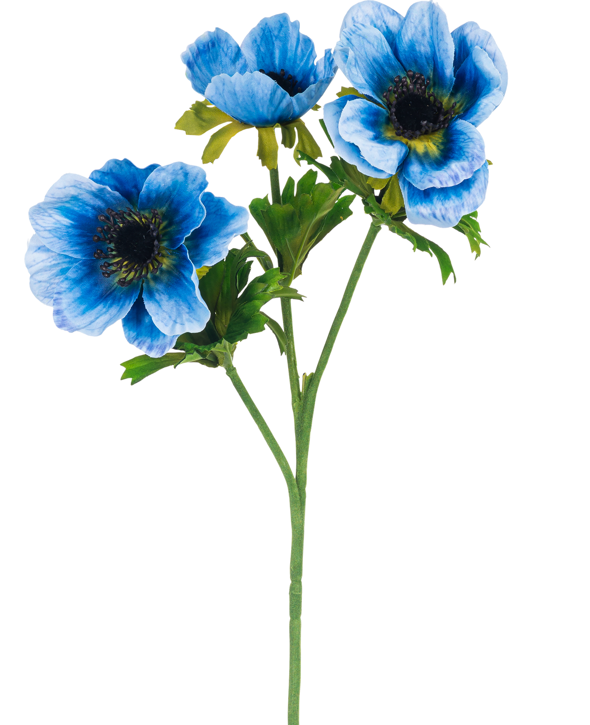 Den konstgjorda blommanemonen dubbel 56 cm blå har en enda grön stjälk med tre blå anemonblommor och flera gröna blad, avbildade mot en vanlig vit bakgrund.