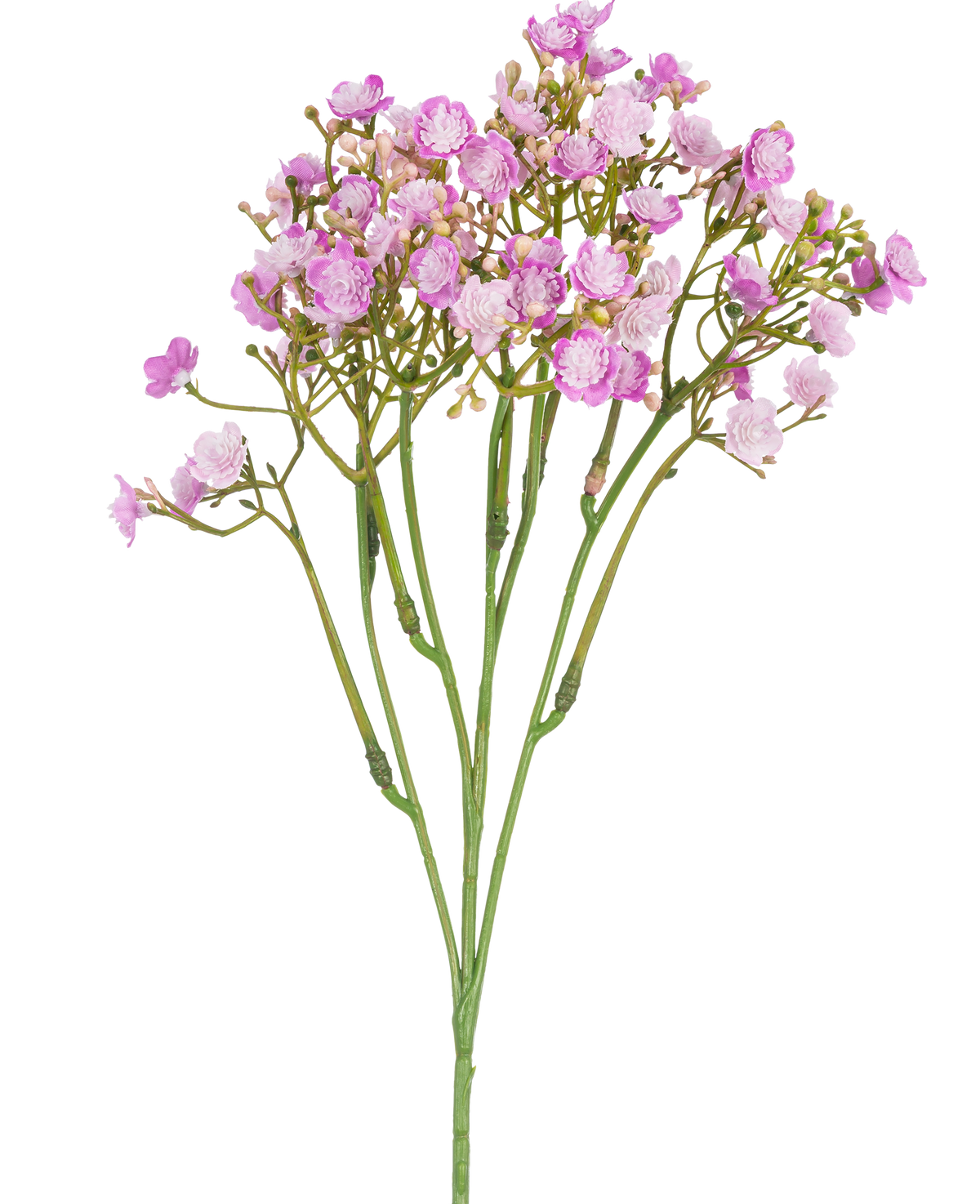 Artificiell Gypsophila Branch 46 cm rosa har känsliga rosa babyblommor med små, runda kronblad på tunna gröna stjälkar, mot en vit bakgrund.