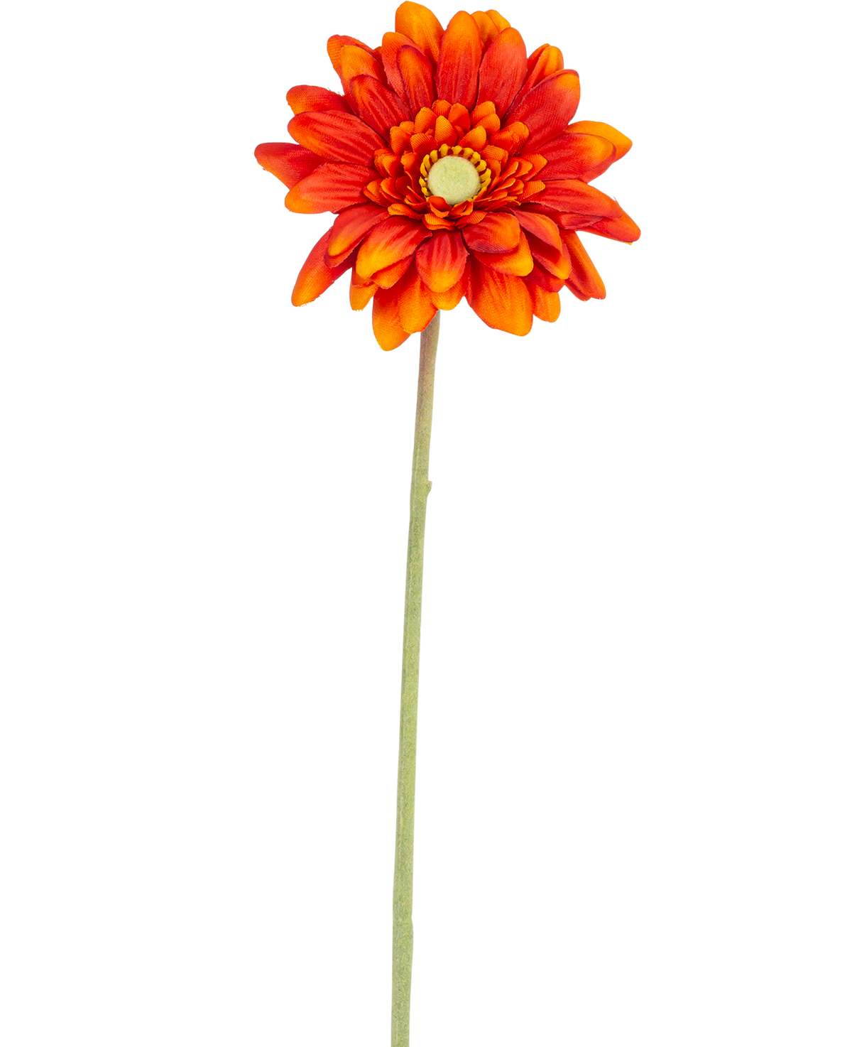 Artificiell blomma Gerbera mini 47 cm mjuk orange är en konstgjord tusensköna med skiktade kronblad, ett gult hjärta och en lång grön stjälk, isolerad på en vit bakgrund.