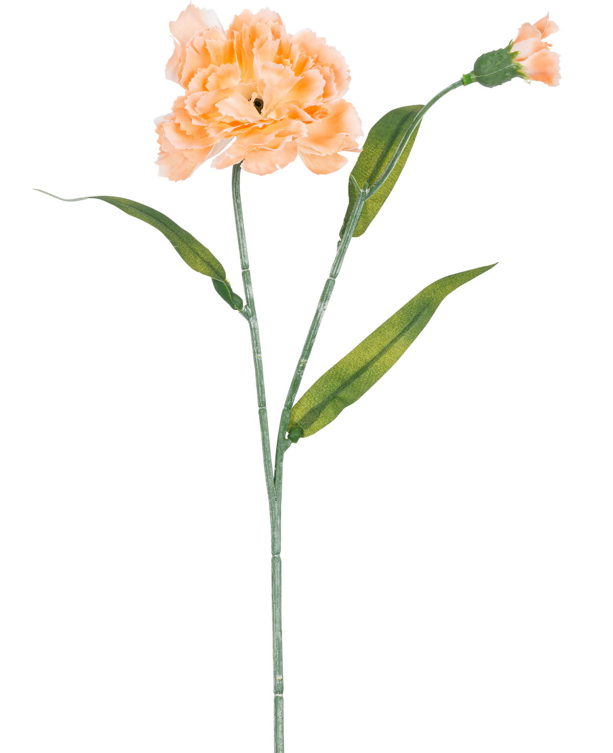 Konstgjorda blomsternejlika 40 cm persika är en konstgjord nejlika i ljus persika med gröna blad och en liten oöppnad knopp, avbildad på vit bakgrund.