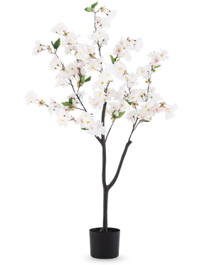 De Kunst Kersenbloesem 120 cm wit is een kunstboom in pot met donkerbruine takken, groene bladeren en trossen witte bloesembloemen tegen een effen witte achtergrond.