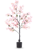 De Kunstplant Bougainvillea 120 cm roze is een kunstboom in pot met groene bladeren en levendige roze bloemen, afgebeeld tegen een effen witte achtergrond.