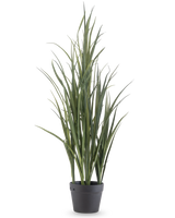 Konstgräsgrön UV 90cm är en hög konstgjord växt med långa, smala gröna blad som står upprätt i en mörkgrå kruka på en vanlig vit bakgrund.