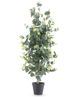 Konstgjord växt Eucalyptus 91 cm med runda gröna blad och små gula accenter i en svart kruka, visad mot en vanlig vit bakgrund.