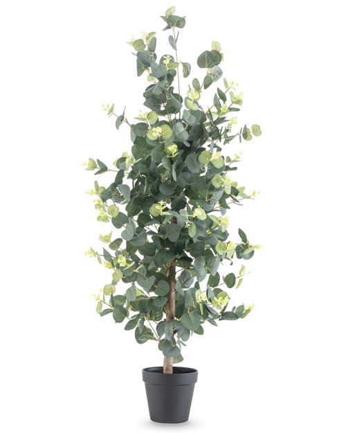 Konstgjord växt Eucalyptus 91 cm med runda gröna blad och små gula accenter i en svart kruka, visad mot en vanlig vit bakgrund.