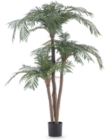 De Kunstpalm Cycas Classic 165 cm heeft meerdere bruine stammen en weelderige groene bladeren in een eenvoudige zwarte pot, tegen een witte achtergrond - een realistische palm die natuurlijke elegantie brengt in elke ruimte.