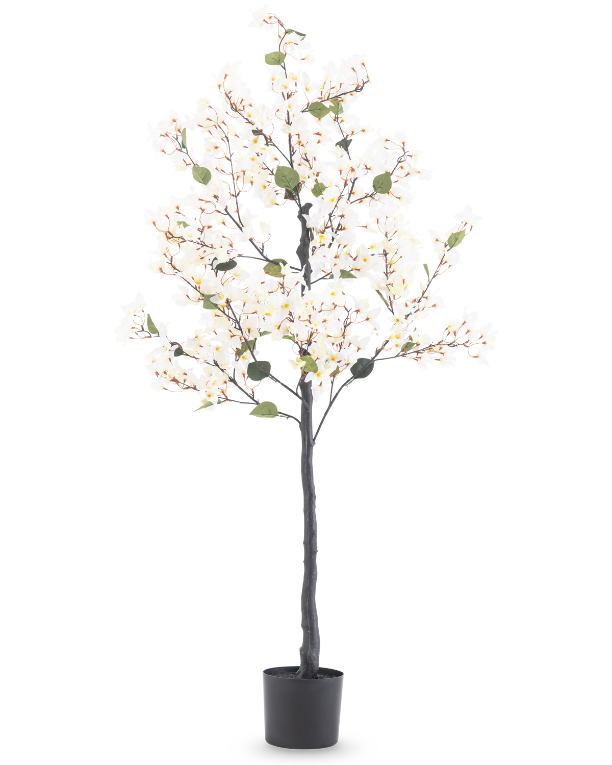 Artificiell Bougainvillea 150 cm vit är ett högt konstgjort träd med vita blomljus och gröna blad, i en svart cylindrisk kruka mot en vanlig vit bakgrund.