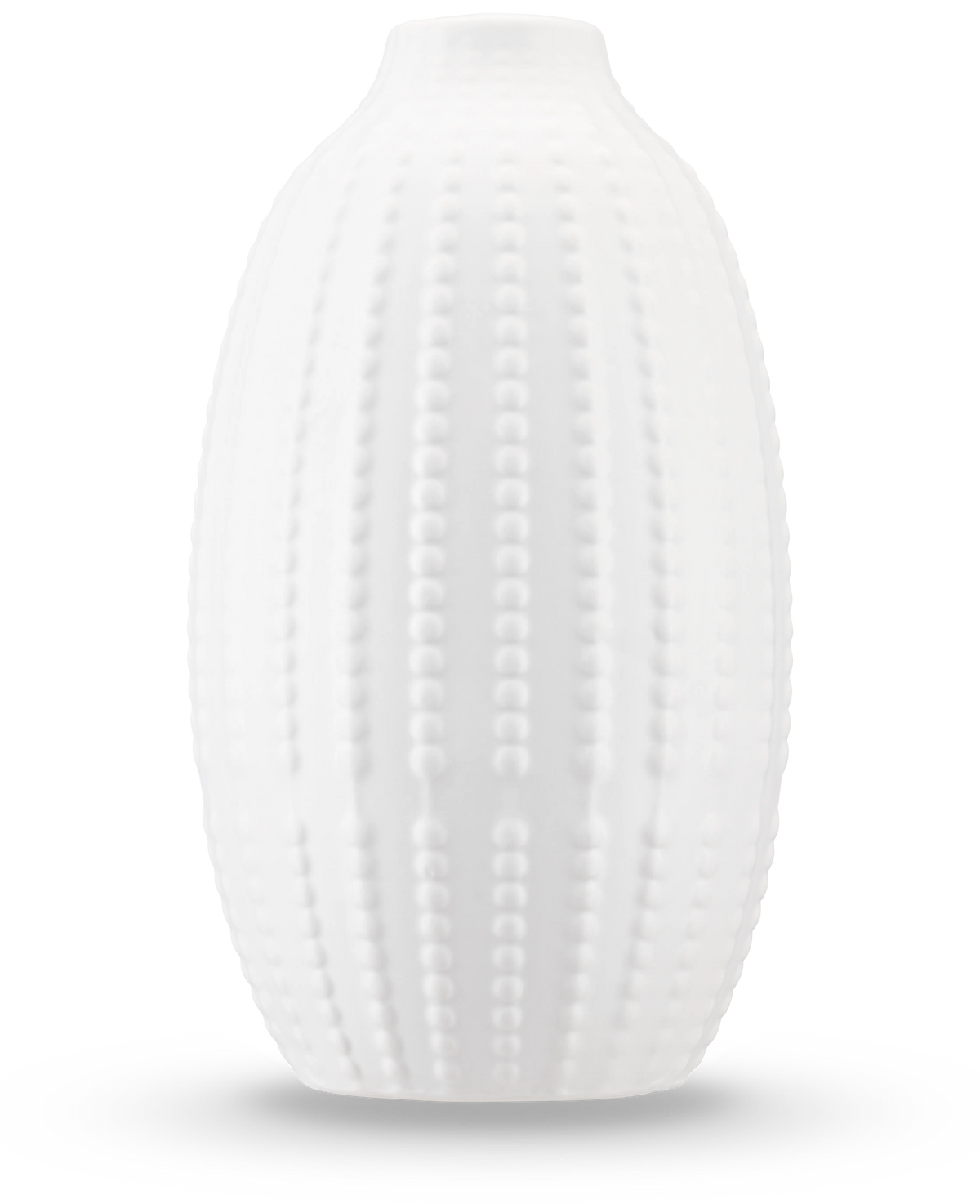 Vasen Little Flora 21 cm i benvit är en matt keramikvas med ett upphöjt, sjöborreinspirerat prickmönster - perfekt för konstgjorda blommor - mot en vanlig vit bakgrund.
