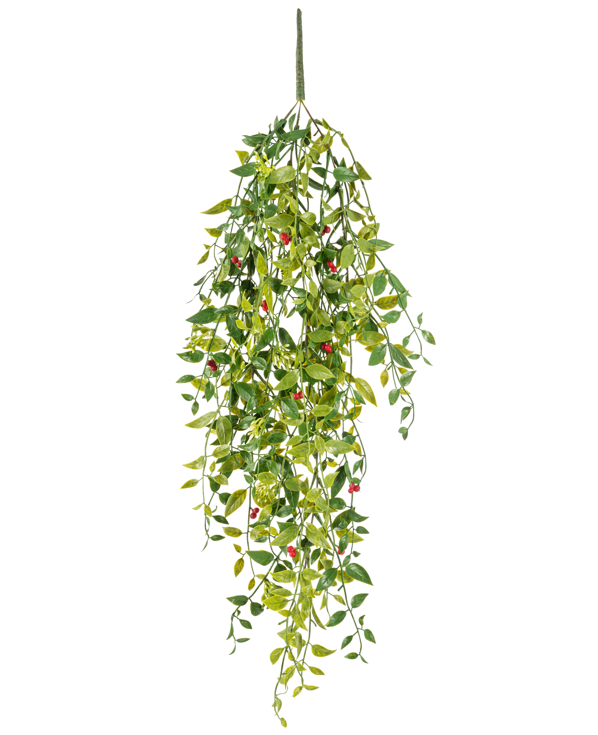 Den konstgjorda hängväxten Gardenia med bär 81 cm är en konstgjord hängväxt med gröna blad och små röda bär, avbildad mot en vit bakgrund.