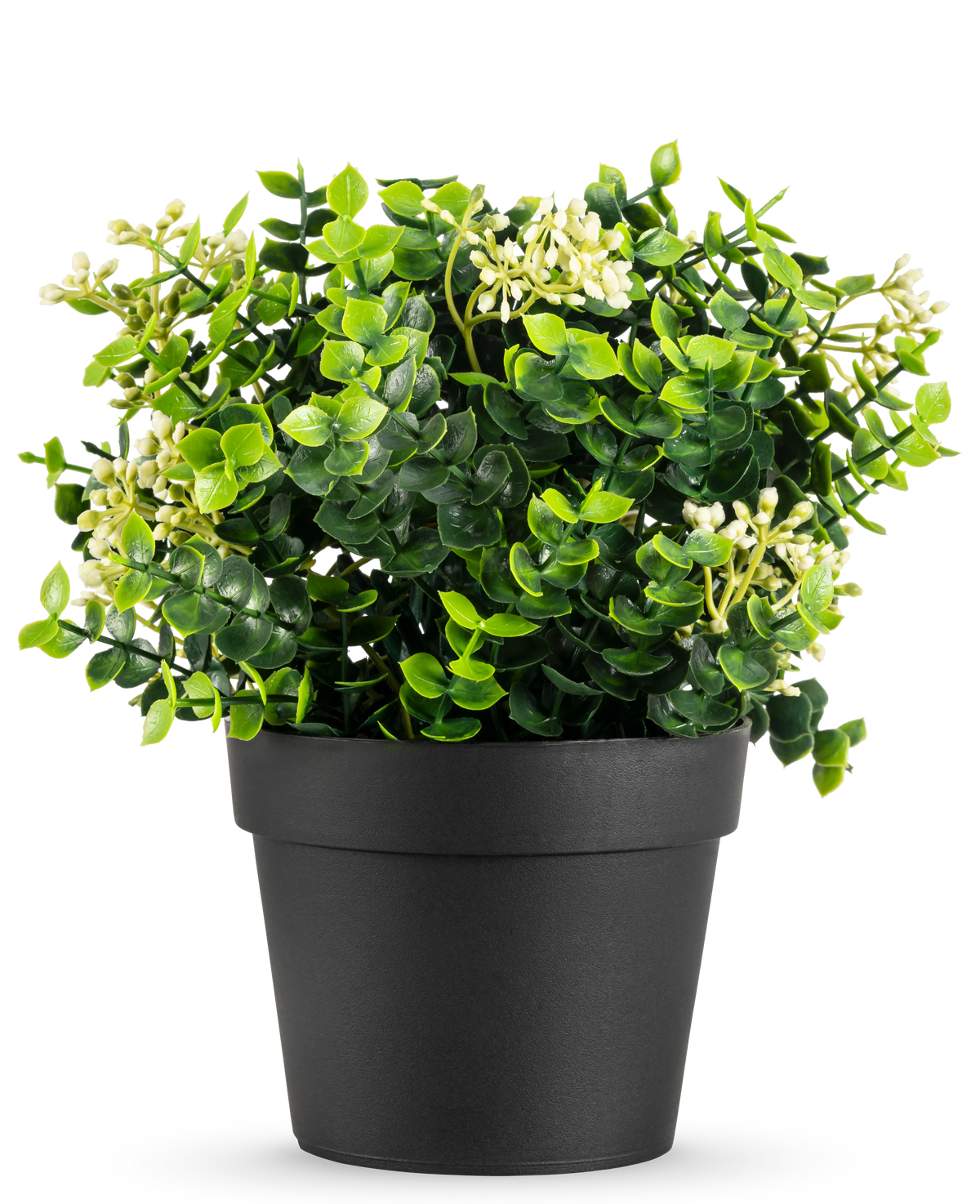 Den konstgjorda växteukalyptusblandningen UV 22 cm har klargröna blad och små vita blommor i en enkel svart kruka, mot en vit bakgrund.