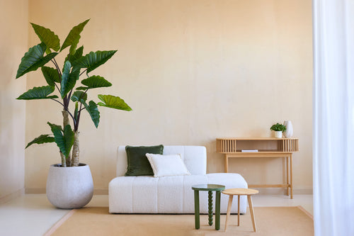 Ett minimalistiskt vardagsrum med växten Artificial Calocasia 210 cm, en vit texturerad soffa med gröna och vita kuddar, två små sidobord, en beige matta och ett konsolbord i trä mot en ljusbeige vägg.