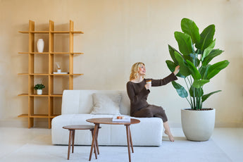 En kvinna i brun klänning sitter i en vit soffa, ler och håller en drink medan hon rör vid konstväxten Strelitzia Real Touch Deluxe 180 cm i ett modernt, minimalistiskt vardagsrum med trähyllor och ett soffbord.