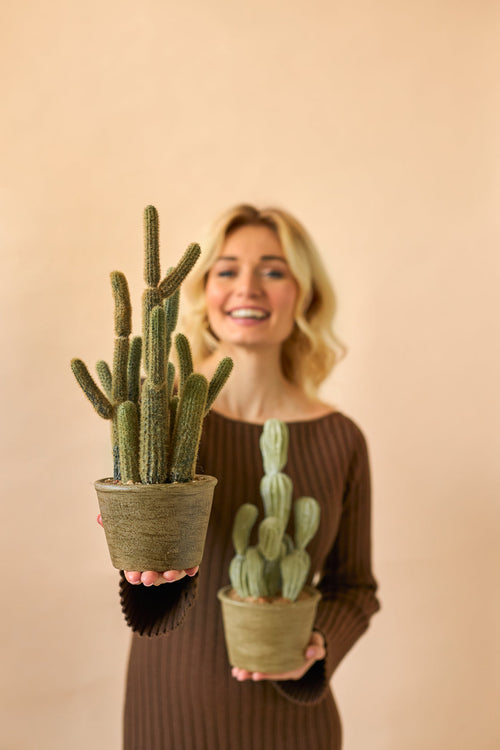 En leende kvinna i en brun klänning håller två Artificiella Cactus Cereus 35 cm krukväxter, en stor och en liten, mot en enkel beige bakgrund.