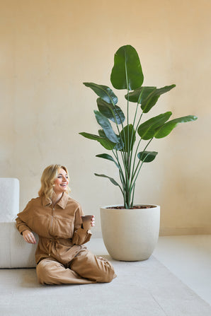 En kvinna i brun jumpsuit sitter leende på golvet med en kaffekopp bredvid sig, bredvid den konstgjorda växten Strelitzia 180 cm äkta touch i ett minimalistiskt rum med beiga väggar.