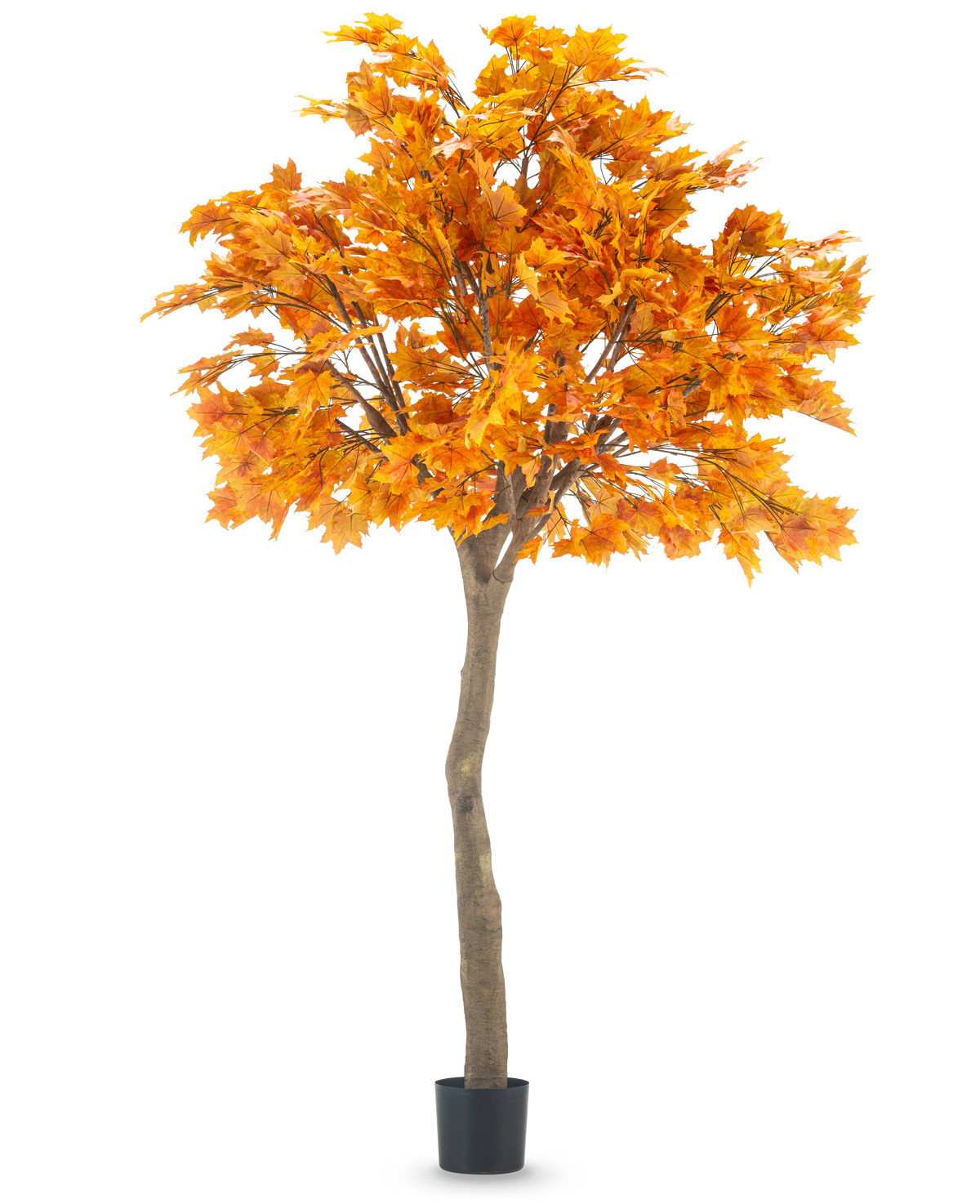 The Artificial Tree Maple 280 cm är en hög konstgjord lönn med livfulla orange höstlöv i en svart kruka, isolerad på en vit bakgrund.