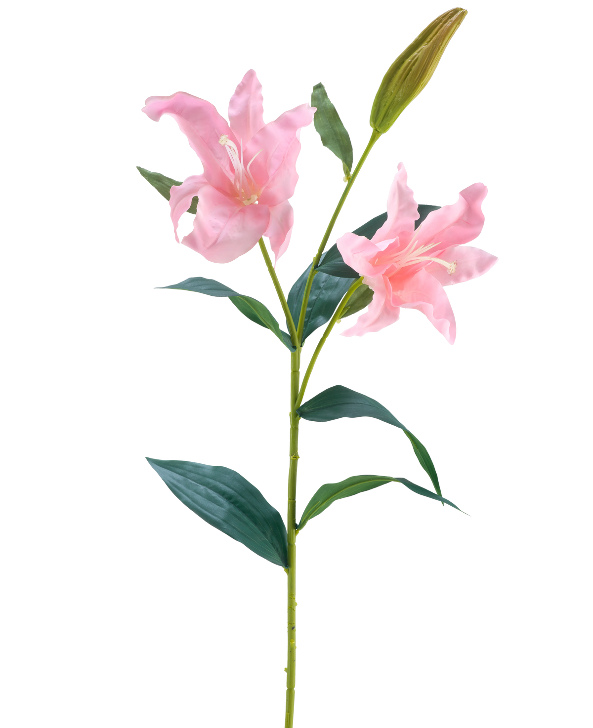 Artificiell Blomma Lily Real Touch rosa 95 cm har en enda grön stjälk med två blommande rosa liljor och en sluten knopp, omgiven av långa, spetsiga gröna blad, mot en vit bakgrund.