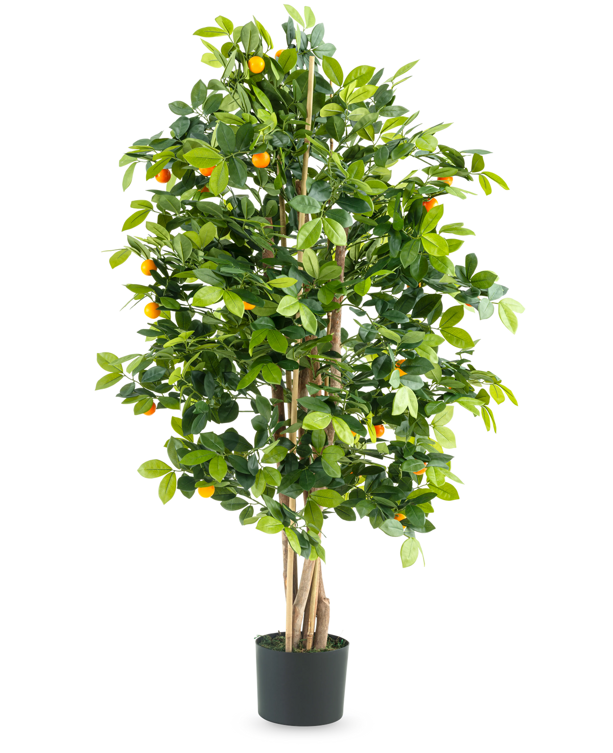 The Artificial Orange Tree 120 cm deluxe är ett högt konstgjort apelsinträd med gröna blad och små orange frukter i en svart kruka, mot en vanlig vit bakgrund.