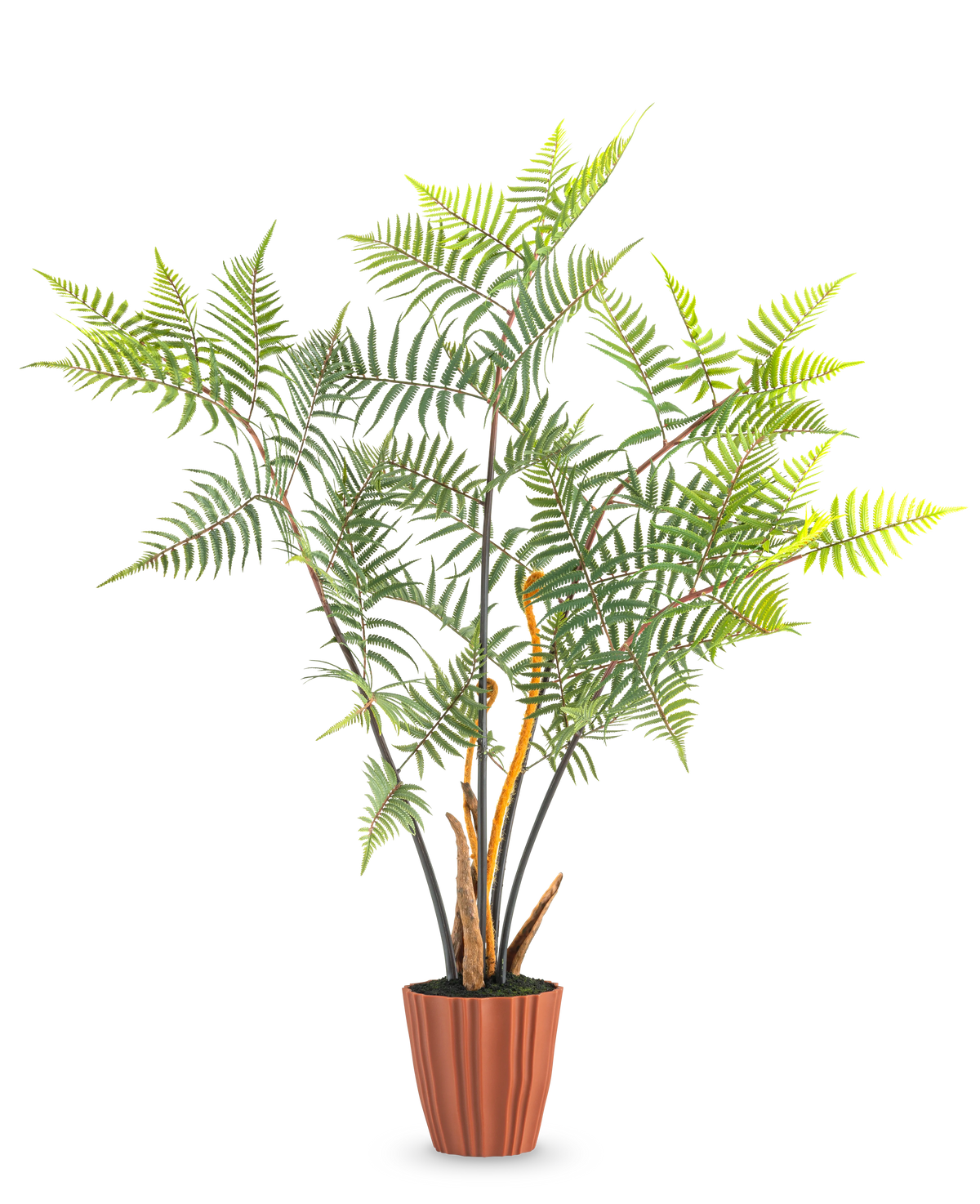 Artificial Fern Deluxe 117 cm är en hög konstgjord ormbunke med flera gröna blad och smala stjälkar, som står i en brun räfflad kruka mot en vanlig vit bakgrund.