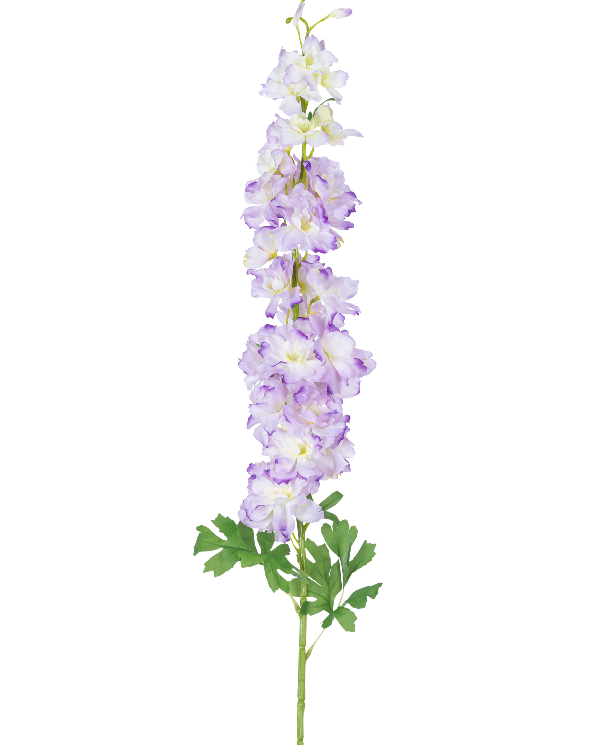 Den konstgjorda blomman Delphinium 105 cm lila har en enda lång stjälk av ljuslila konstgjorda blommor med gröna blad, avbildade mot en vanlig vit bakgrund.