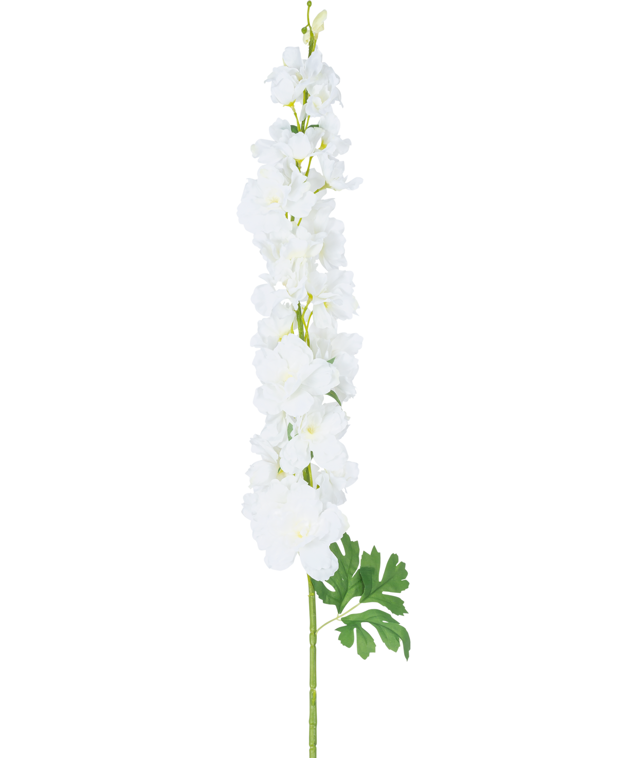 Konstgjord blomma Delphinium 105 cm vit: en enda lång stjälk med flera vita blommor och gröna blad, presenterad mot en vanlig vit bakgrund.
