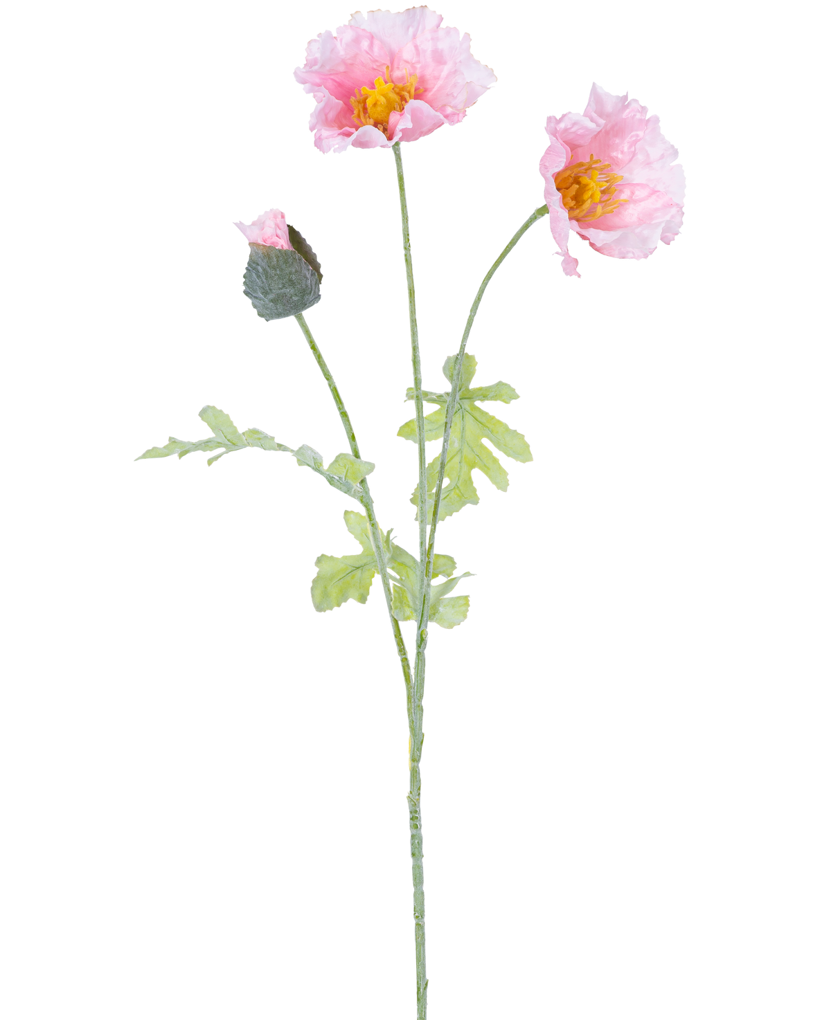 Artificiell blomvallmo 73 cm ljusrosa har en enda stjälk med två öppna ljusrosa vallmoblommor, en sluten knopp, volanger i kronbladen, gula hjärtan och gröna blad på vit bakgrund.