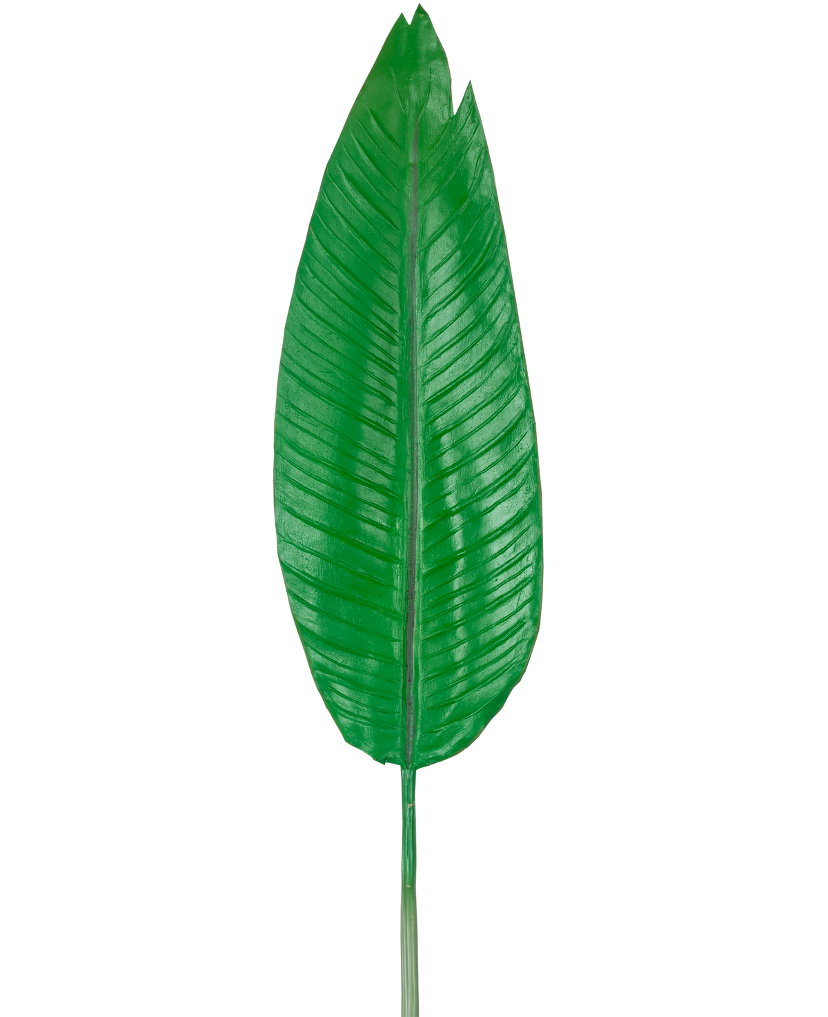Artificiella blad Strelitzia 110cm är ett stort, grönt konstgjort blad med en framträdande mittnård och synliga sidovener, avbildat mot en vanlig vit bakgrund.