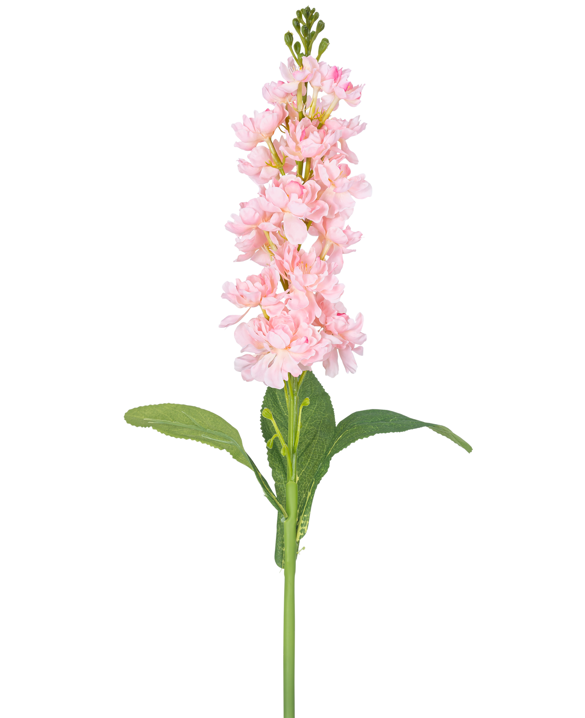 Artificiell blomma Violier 78 cm rosa är en enkel ljusrosa konstgjord blomma med flera små blommor längs den upprättstående stjälken och gröna blad, mot en vit bakgrund.