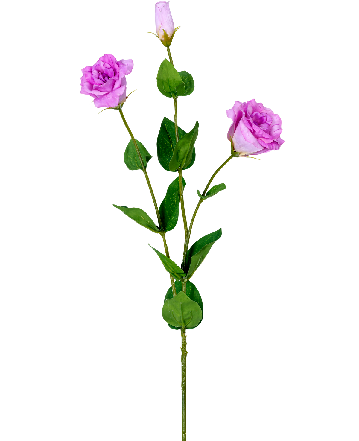 Artificiell Eustoma Real Touch Pink 72cm har en enda grön stjälk med tre ljuslila konstgjorda rosor i olika blomningsstadier och olika gröna blad, avbildade på en vit bakgrund.