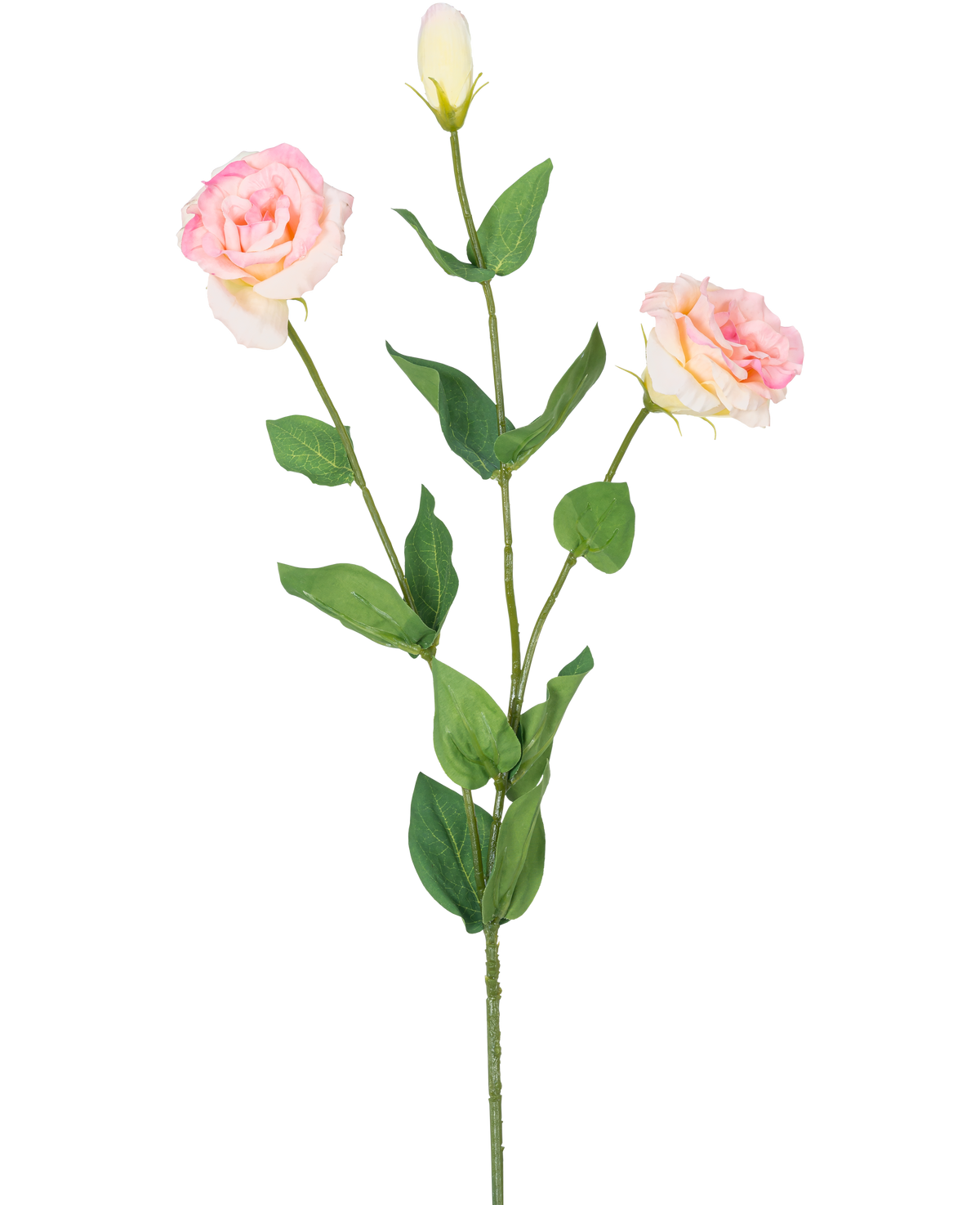 Artificiell Eustoma Real Touch Light Pink 72cm har en enda grön stjälk med två blommande ljusrosa blommor och en sluten knopp, omgiven av gröna löv, mot en vanlig vit bakgrund.