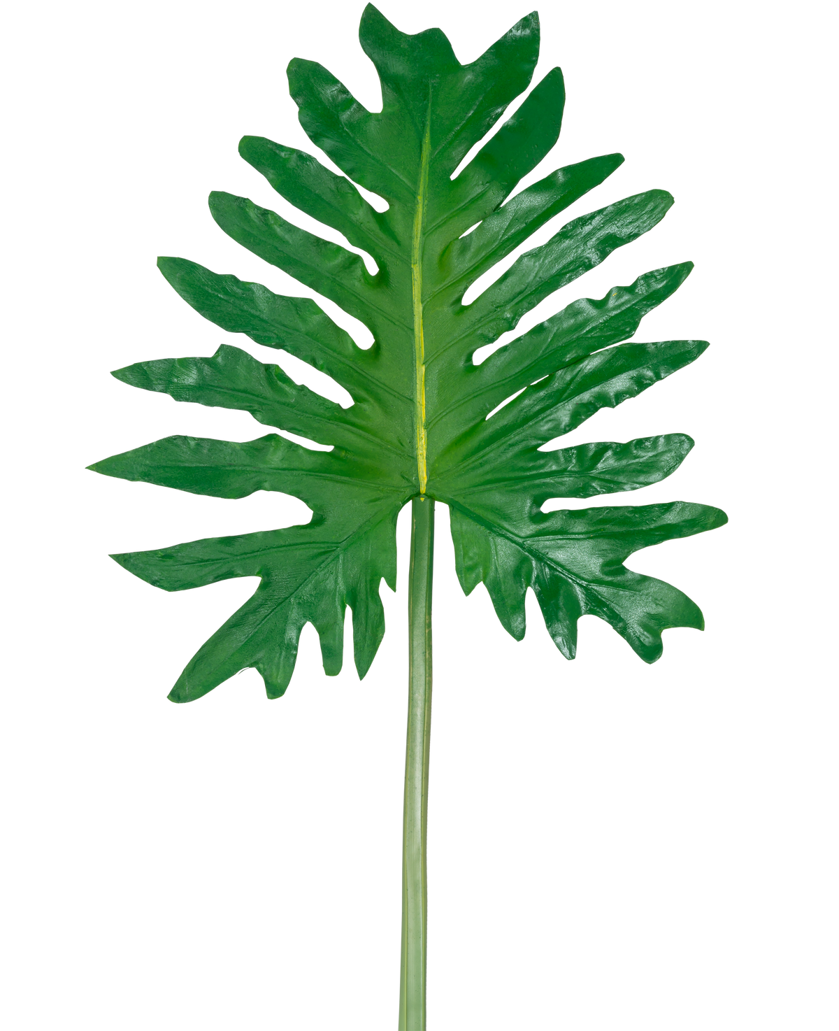 En artificiell bladfilodendron 68 cm, med ett stort grönt tropiskt blad med djupa, oregelbundna flikar och en lång central stjälk, visas mot en vanlig vit bakgrund.