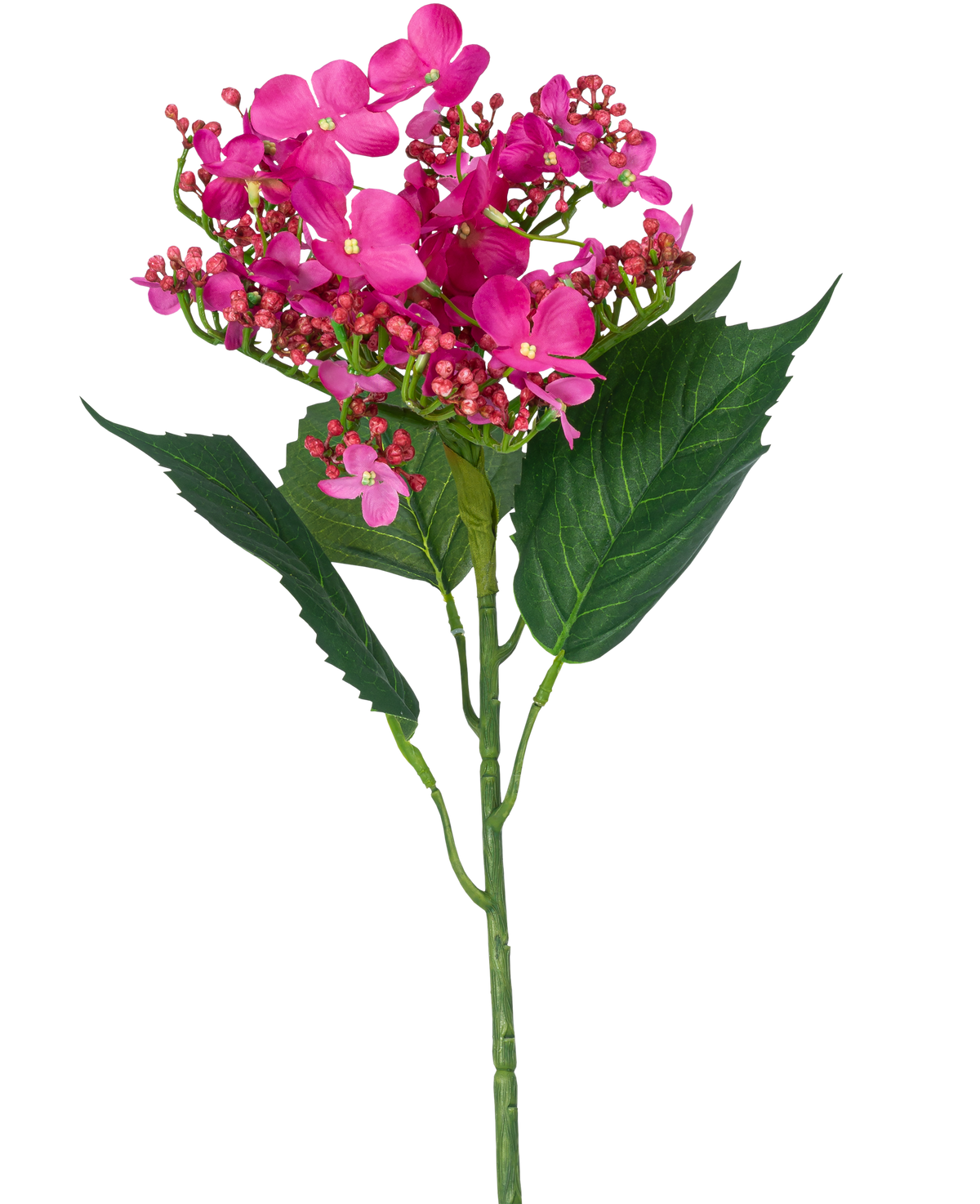 En enda konstgjord fjärilshortensia, 72 cm hög med ljusrosa konstgjorda blommor och gröna blad, mot en vit bakgrund.