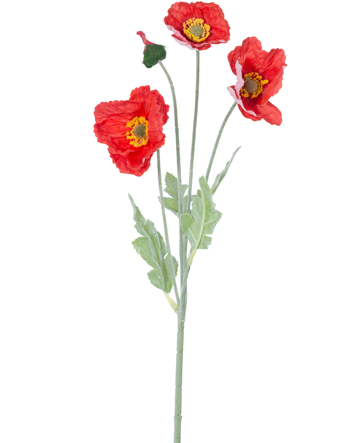 Artificiell blomma vallmo Real Touch röd 60 cm har en enda stjälk med tre livfulla röda vallmoblommor, en sluten knopp och gröna blad, mot en vanlig vit bakgrund.