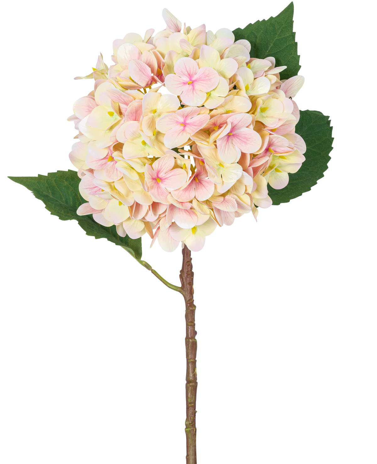 Artificiell blomhortensia Real Touch Pink 58 cm är en enda artificiell hortensiastam med mjukt rosa kronblad och två stora gröna blad, perfekt för dekoration och presenterad mot en vit bakgrund.