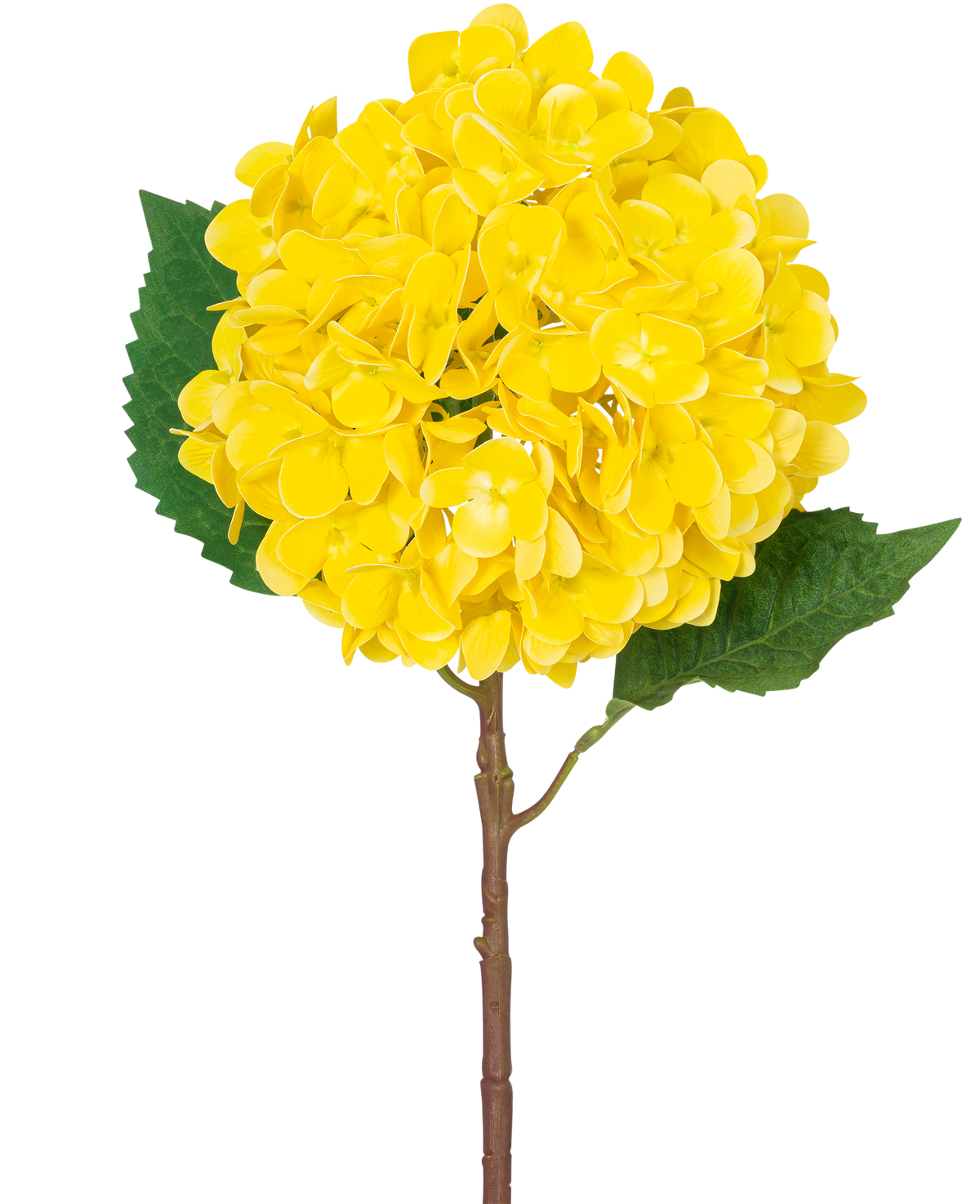 Artificiell blomhortensia Real Touch gul 58 cm har en enda gul hortensia med skiktade kronblad, två stora gröna blad och en brun stjälk, mot en vanlig vit bakgrund.