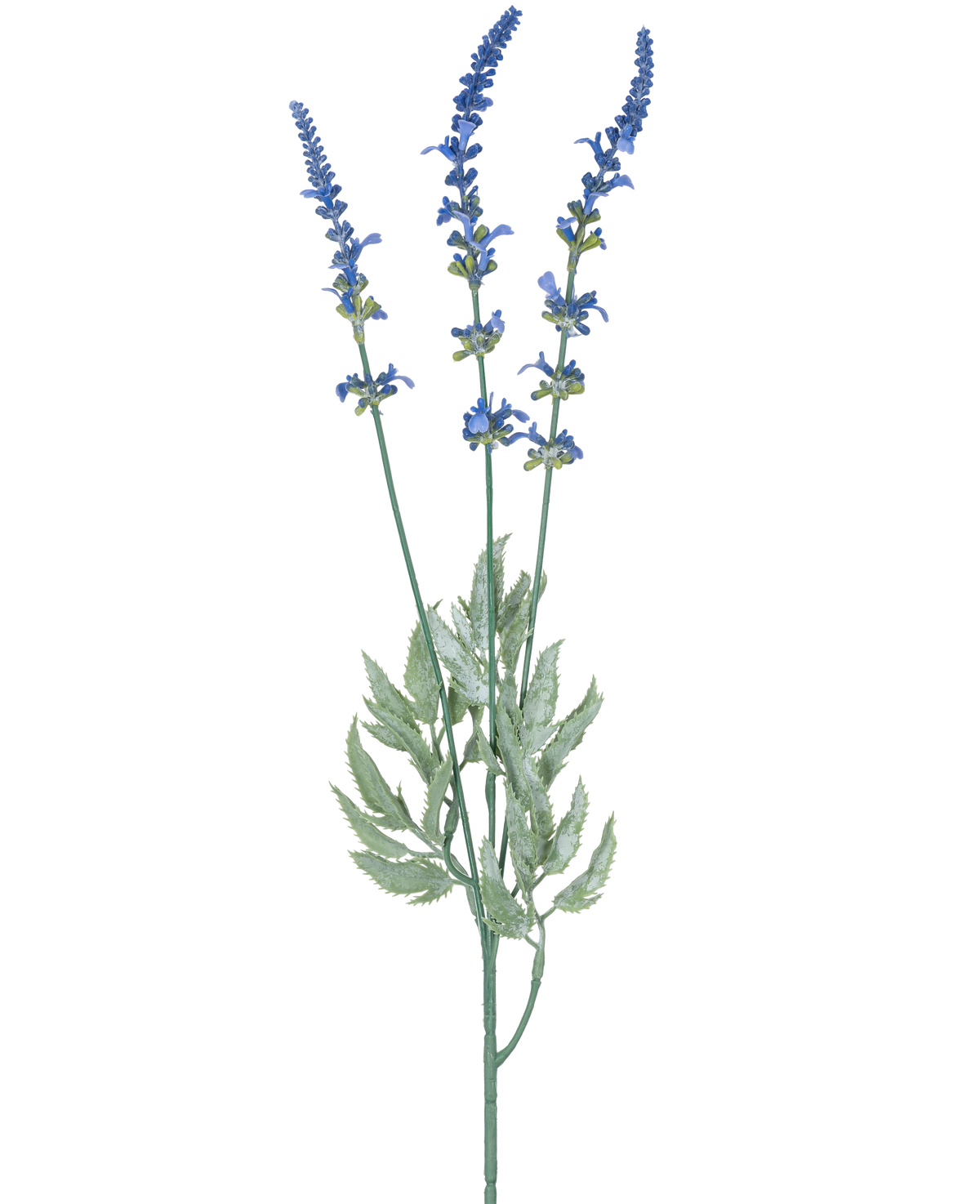 En botanisk illustration av artificiell gren lavendel 66 cm blå visar tre långa, tunna stjälkar med klasar av små blå blommor och långsträckta gröna blad mot en vit bakgrund.