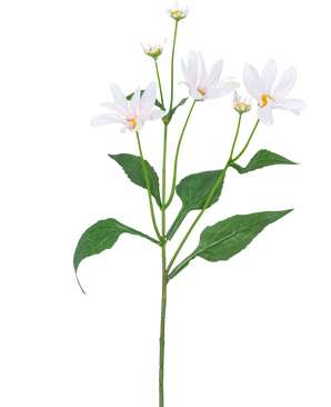 De Kunstbloem Madelief 76 cm wit heeft een enkele groene steel met enkele grote bladeren en vijf margrietachtige witte bloemen met een geel hart, tegen een effen witte achtergrond.