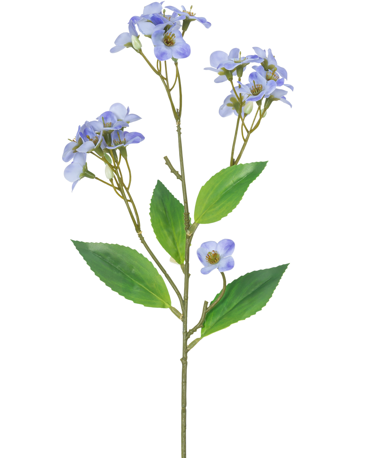 En konstgjord blomsterorkidé Real Touch Lila 50 cm har en enda grön stjälk med flera grenar, var och en dekorerad med klasar av små, ljuslila orkidéblommor och gröna blad, mot en vit bakgrund.