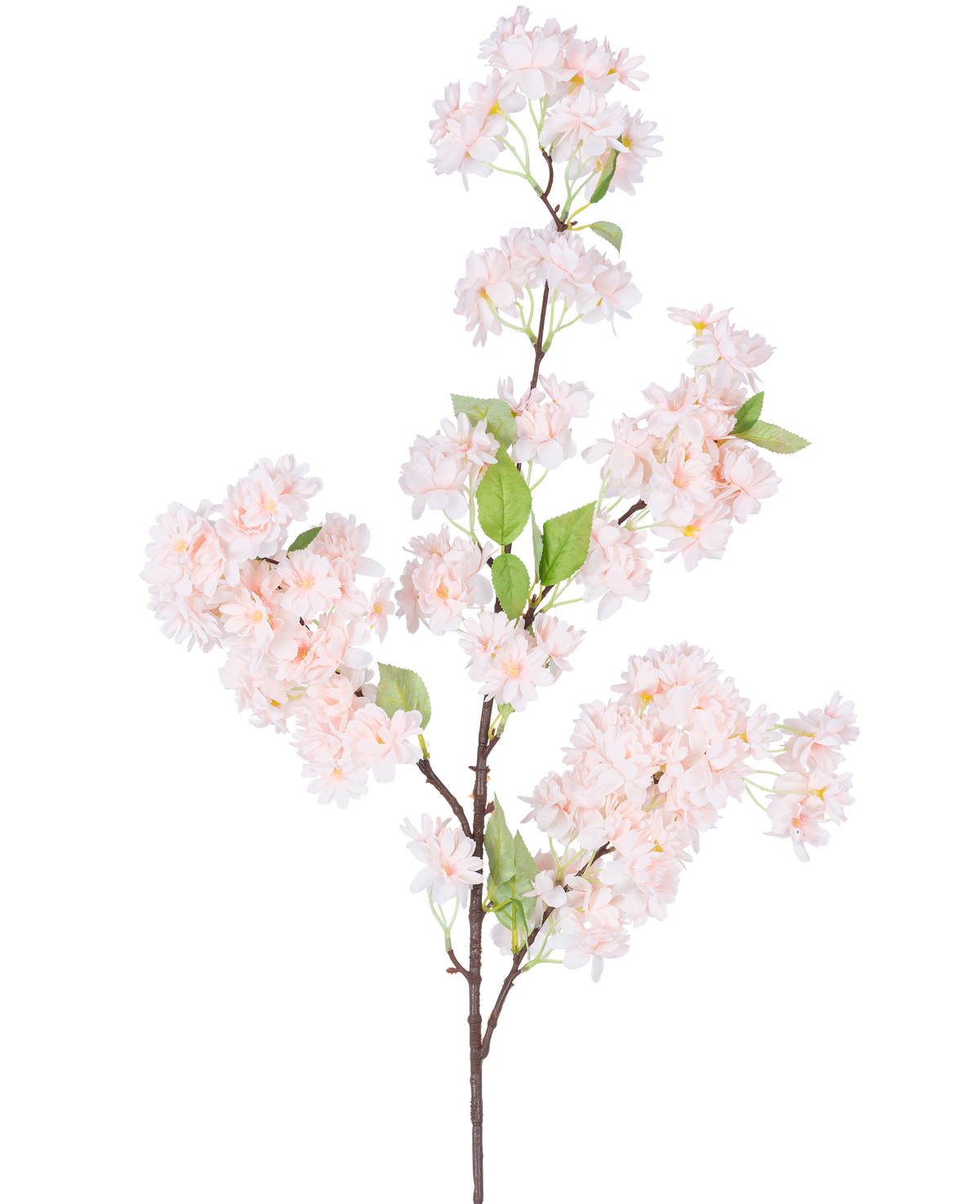 En enda konstgjord körsbärsblomma 100 cm ljusrosa har klasar av ljusrosa körsbärsblommor med gröna blad på en vit bakgrund.