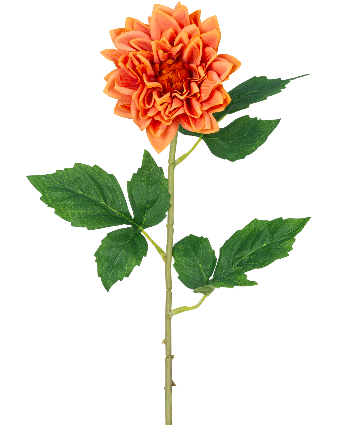 Den konstgjorda blomman Dahlia Real Touch orange 54 cm har en enda orange dahlia med skiktade kronblad, en lång grön stjälk och flera breda gröna blad, isolerade på en vit bakgrund.
