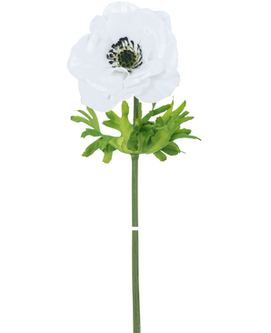 De Kunstbloem Anemoon Real Touch Wit 52 cm heeft een enkele witte bloem met delicate bloemblaadjes, een donker hart en groene bladeren op een lange, rechte steel, tegen een effen witte achtergrond.