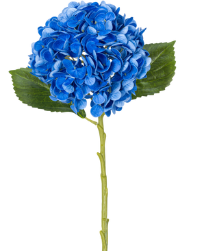 Den konstgjorda blomman Charlotte Hydrangea Real Touch Blue 49 cm är en enda blå hortensia med gröna blad och en lång stjälk, avbildad mot en vit bakgrund.