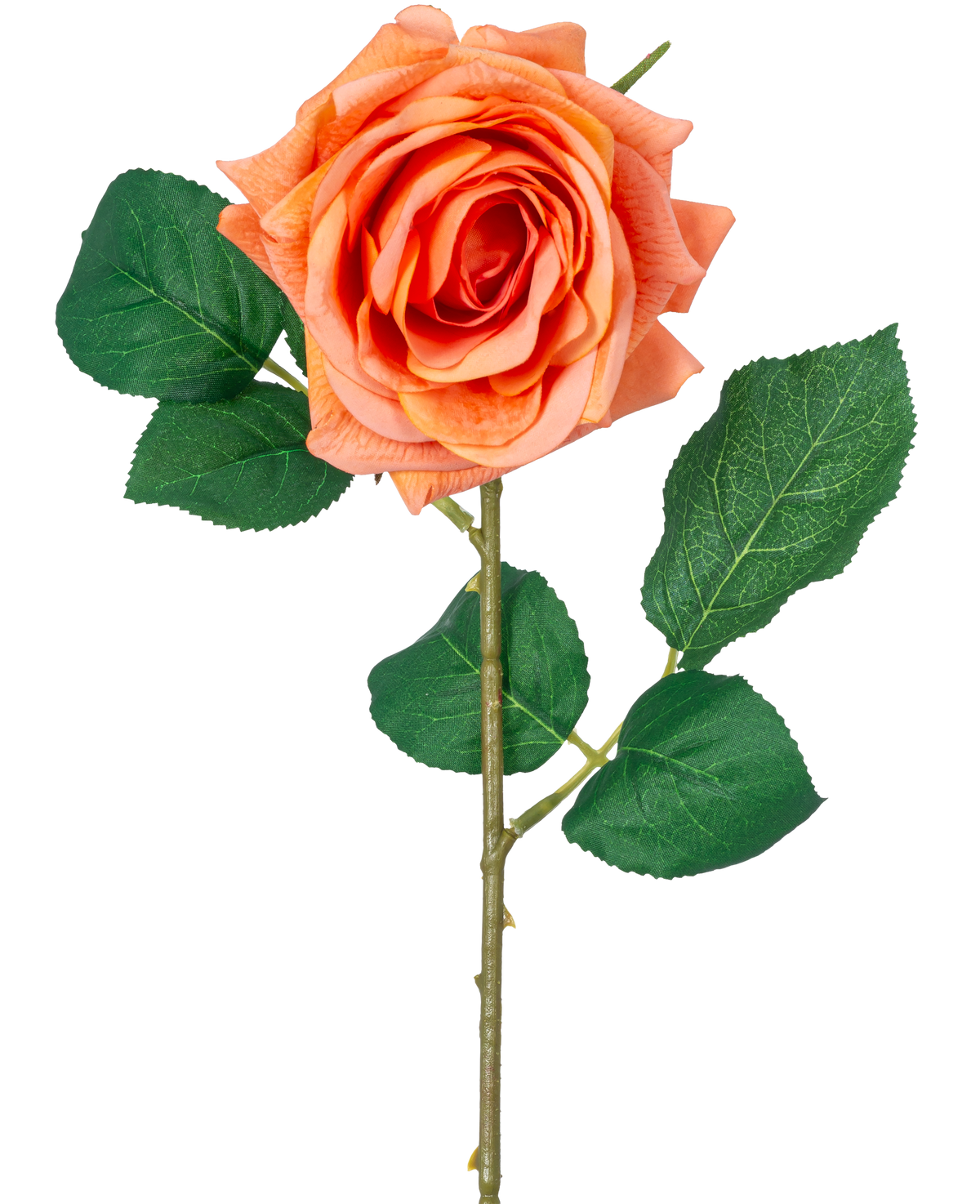 Artificiell blomma Crystal Touch fuktgivande ros har en Real Touch orange blomma med gröna blad och en 43 cm lång stjälk, mot en vanlig vit bakgrund.