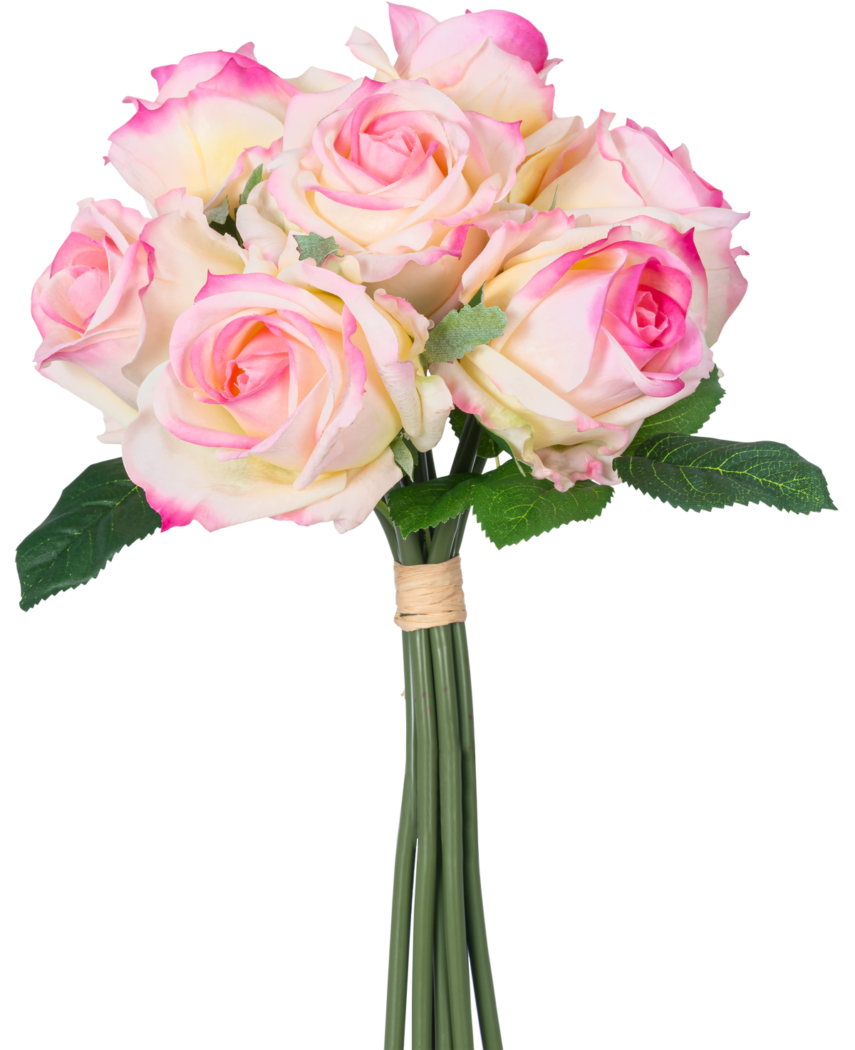 Den konstgjorda rosenbuketten 7 rosor Real Touch Cream/Pink 30 cm har sju krämfärgade och rosa konstgjorda rosor med gröna blad och långa stjälkar, knutna med ett brunt band och avbildade mot en vit bakgrund.