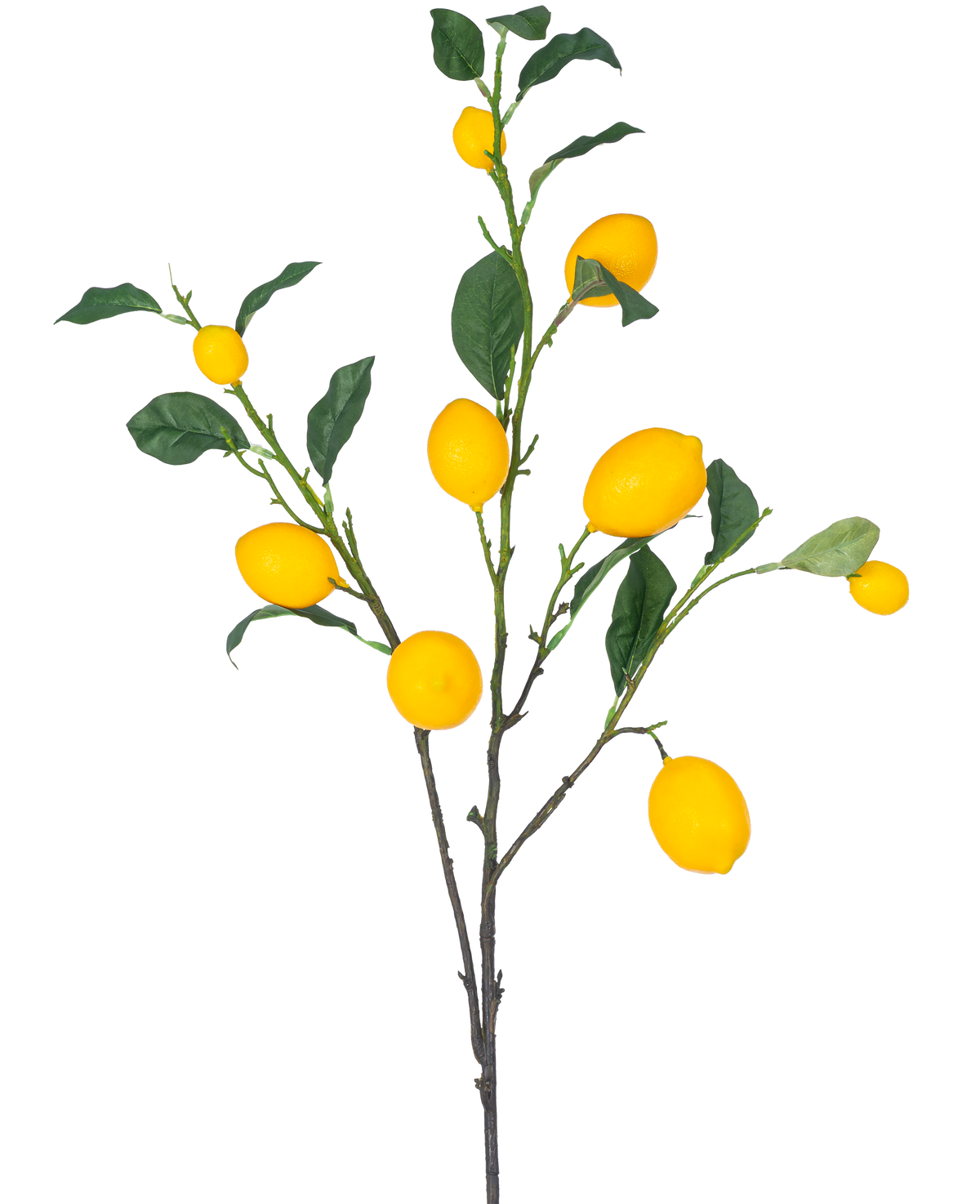 Den konstgjorda citrongrenen 104 cm gul har en gren med flera ljusgula citroner och gröna blad mot en vit bakgrund.