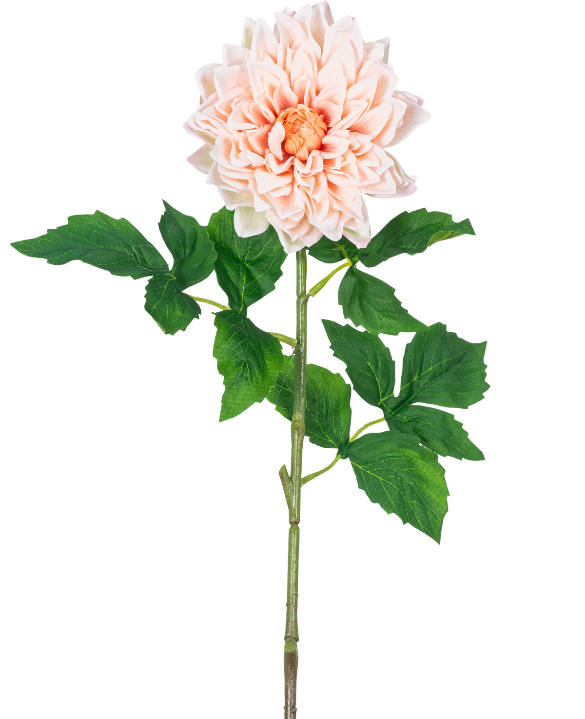 Kunst Georgine Real Touch Ljusrosa 70 cm har en enda ljusrosa dahlia med skiktade kronblad och ett gult hjärta på en lång grön stjälk med flera stora, tandade gröna blad.