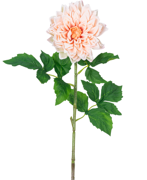 En enda Kunst Georgine Real Touch ljusrosa 70 cm stjälk med lager ljusrosa kronblad och gröna blad, mot en vit bakgrund.