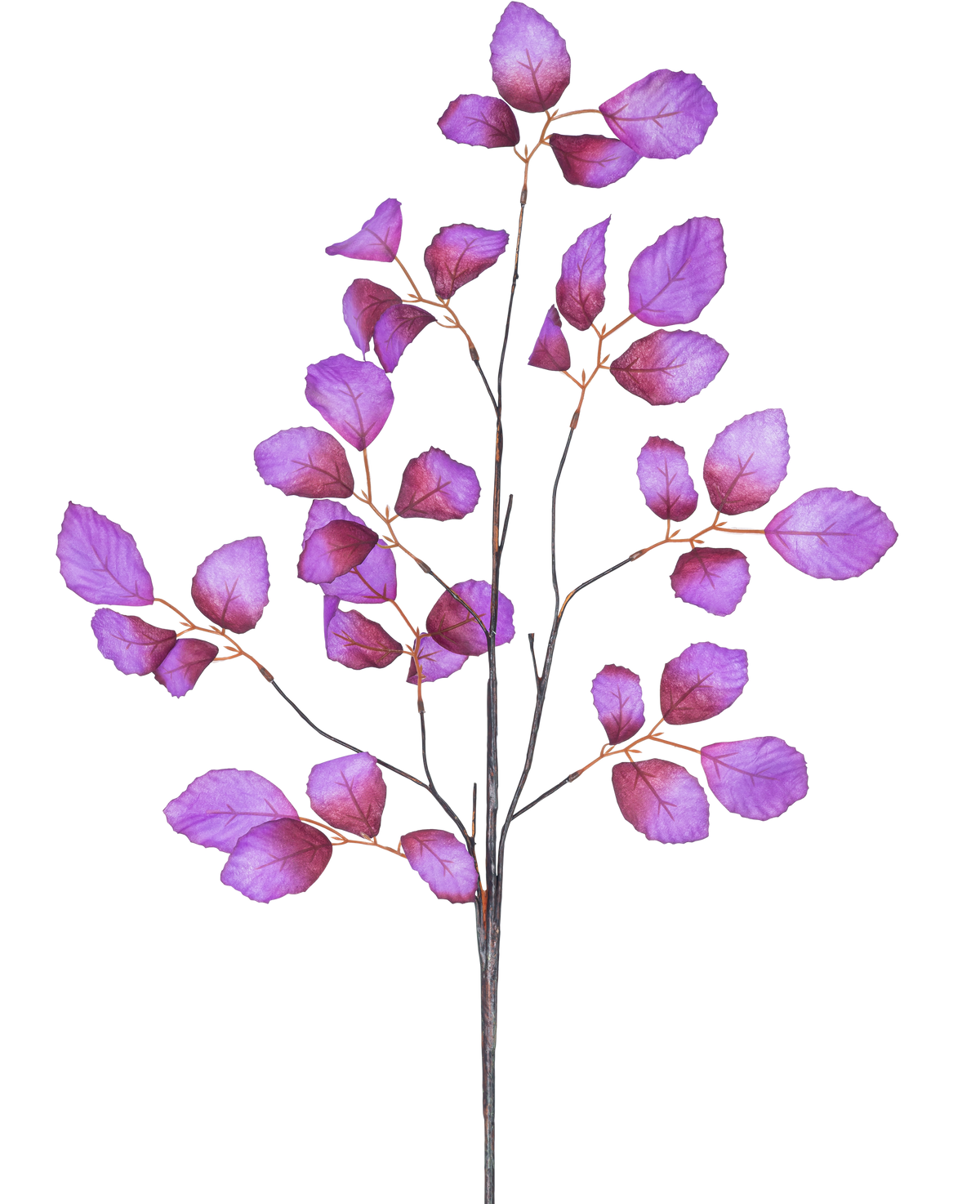 Den konstgjorda grenen äppelblad 90 cm lila har en smal grenad stjälk med flera kvistar prydda med livfulla lila löv, presenterade mot en vit bakgrund.